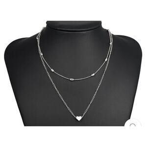 Silver Tone Layered Necklace Choker Heart Pendant 15"